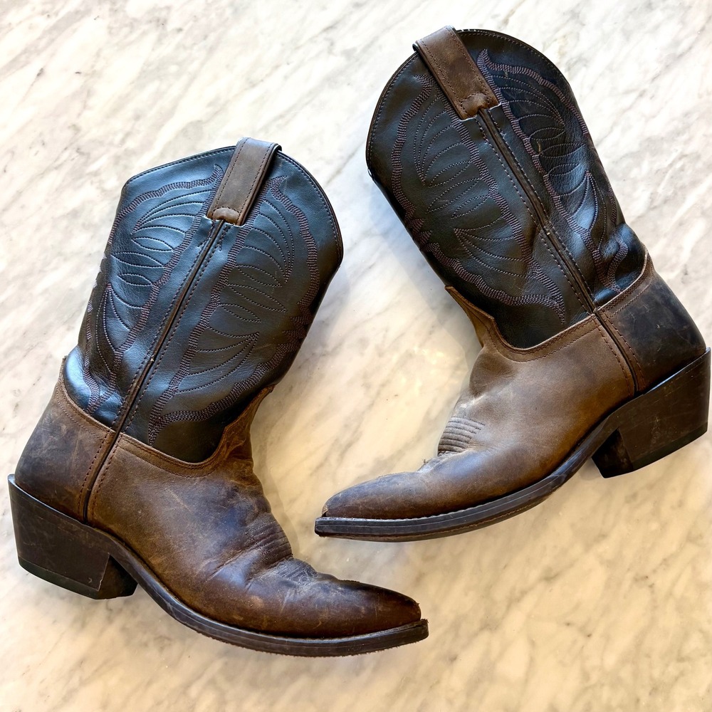 Vintage Nocona Cowboy Boots Brown Distressed Leather Western Snip Toe 8B NL1112